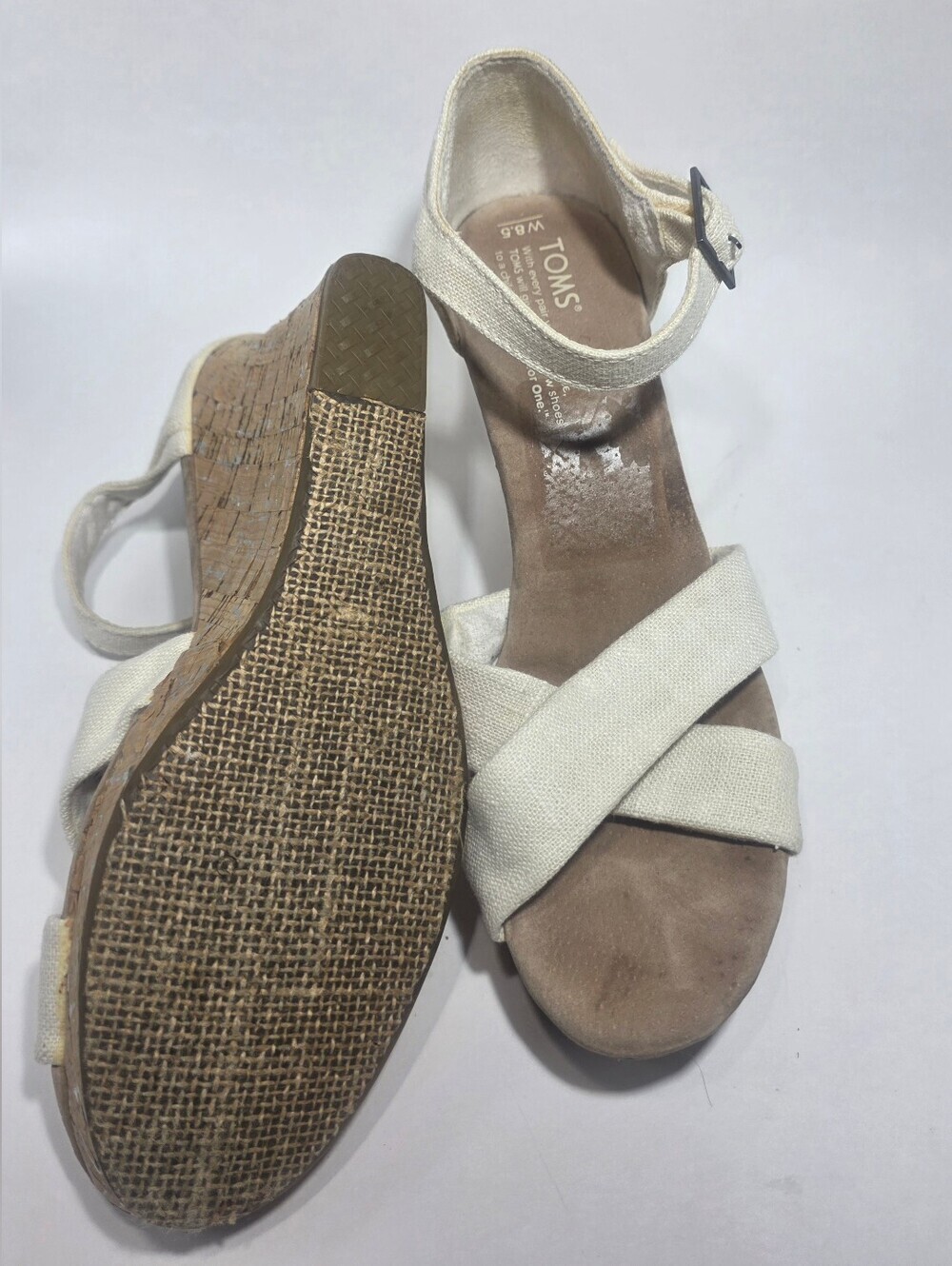TOMS Women's Wedge Sandals Size 8.5 White Canvas Cork Heel Ankle Strap - Picture 3 of 9